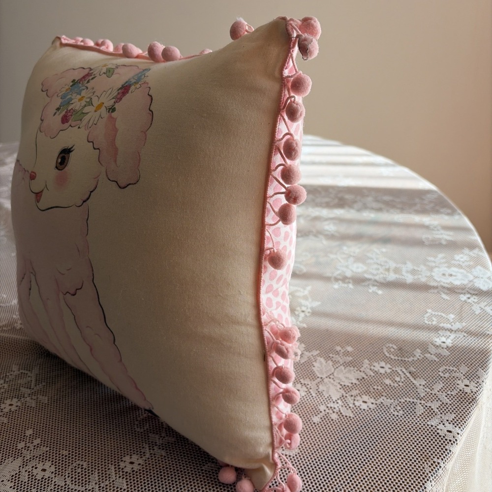 Vintage Inspired Kitschy Lamb Throw Pillow Pink Pom Pom Fringe Square Polka Dots - Picture 14 of 16